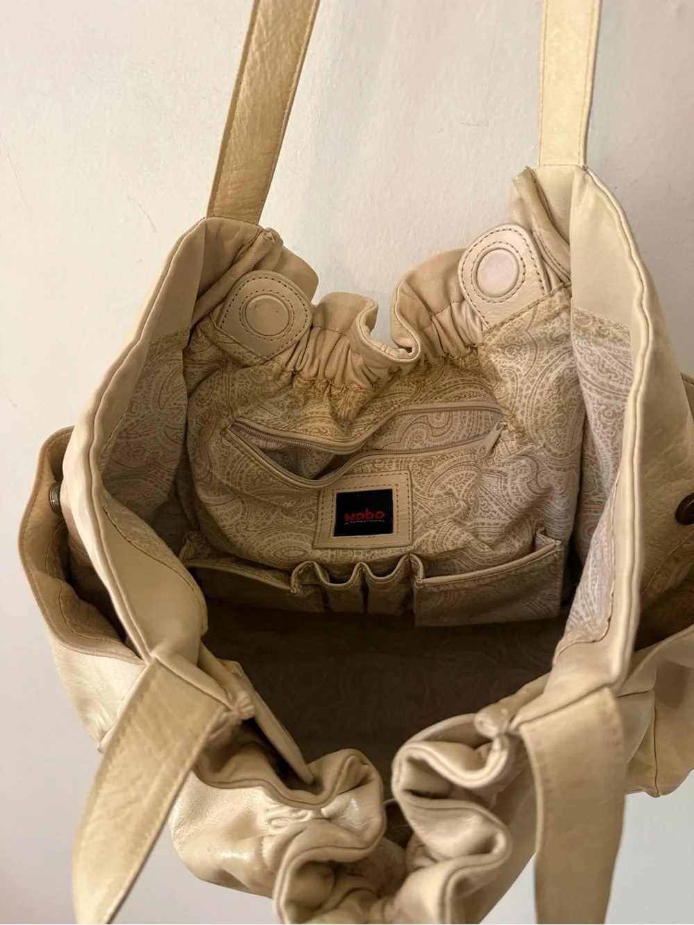 HOBO Cream Gathered Leather Shoulder Tote